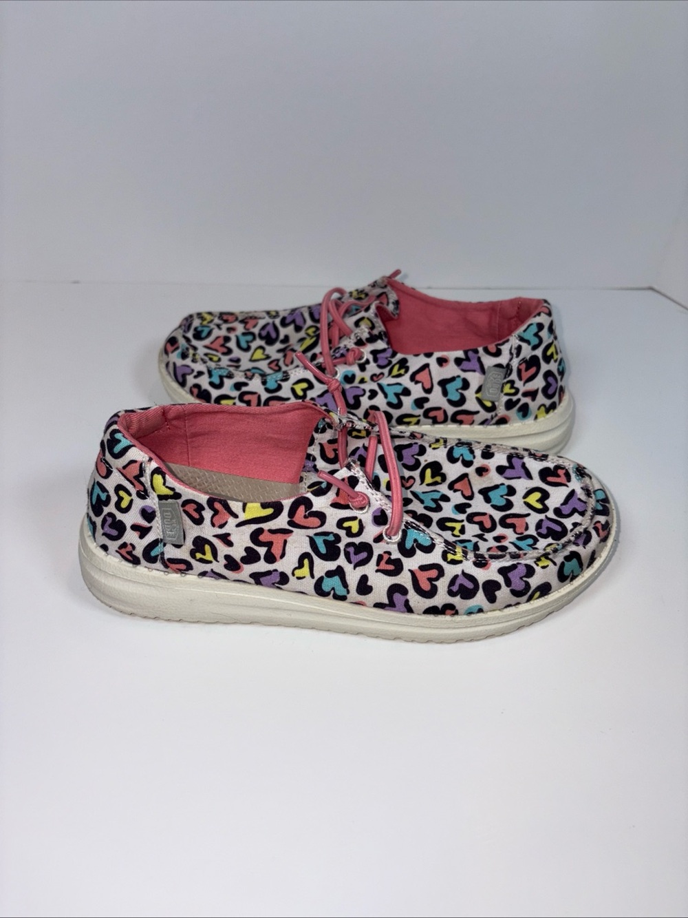 Hey Dude Size Girls Youth 4 Women 5 Pink Blue Yellow Multi Heart Print Sneakers